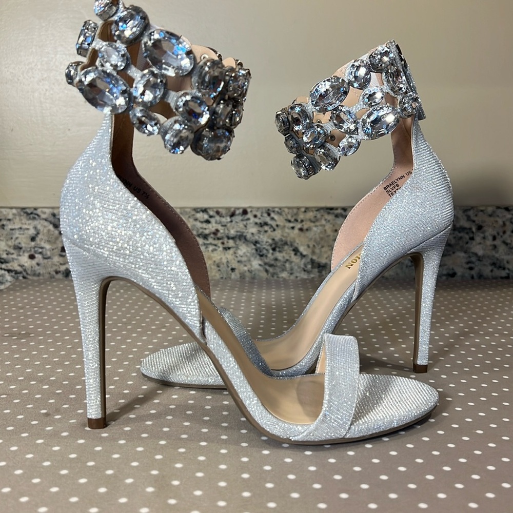 True Religion Glittering Silver Heels with Gem Accents